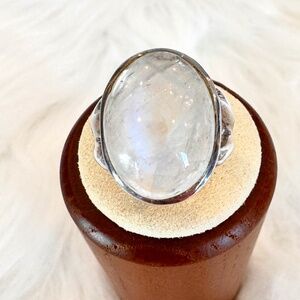 Oval jelly cut rainbow moonstone in sterling silver ring. Sz 7 1/2. June Stone